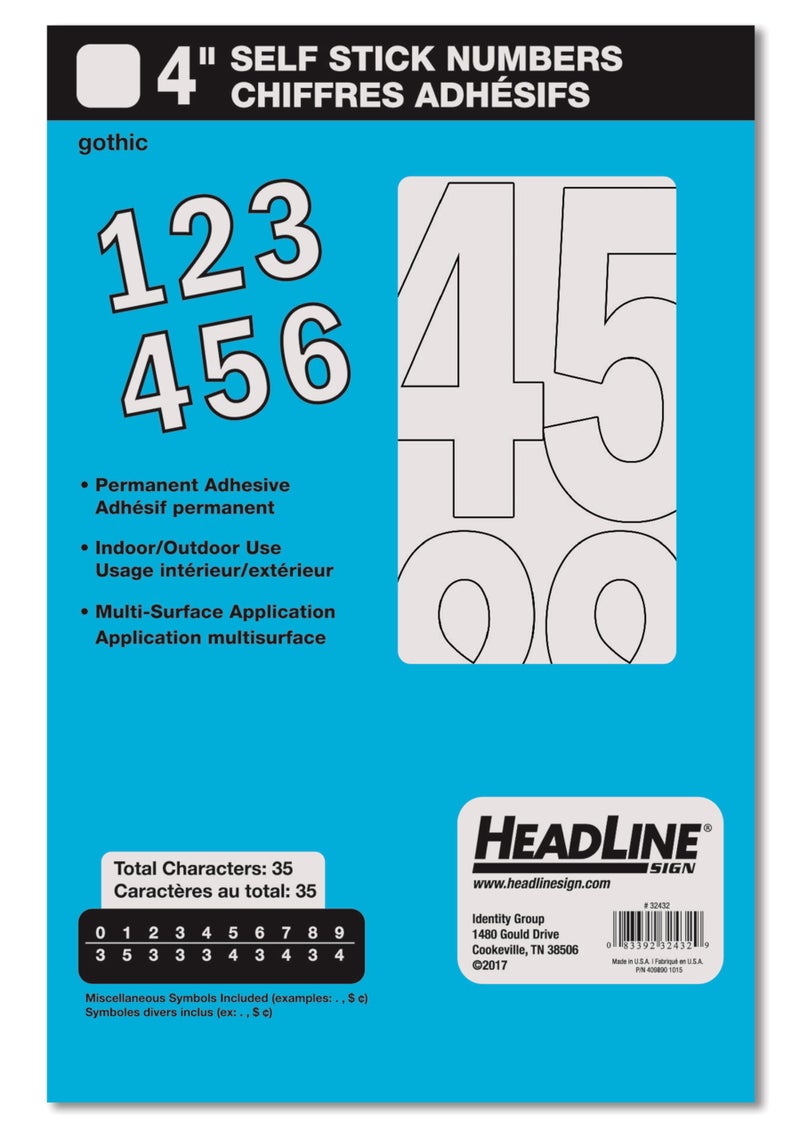 Headline Sign 32432 Stick-On Vinyl Numbers, White, 4-Inch, Made in USA